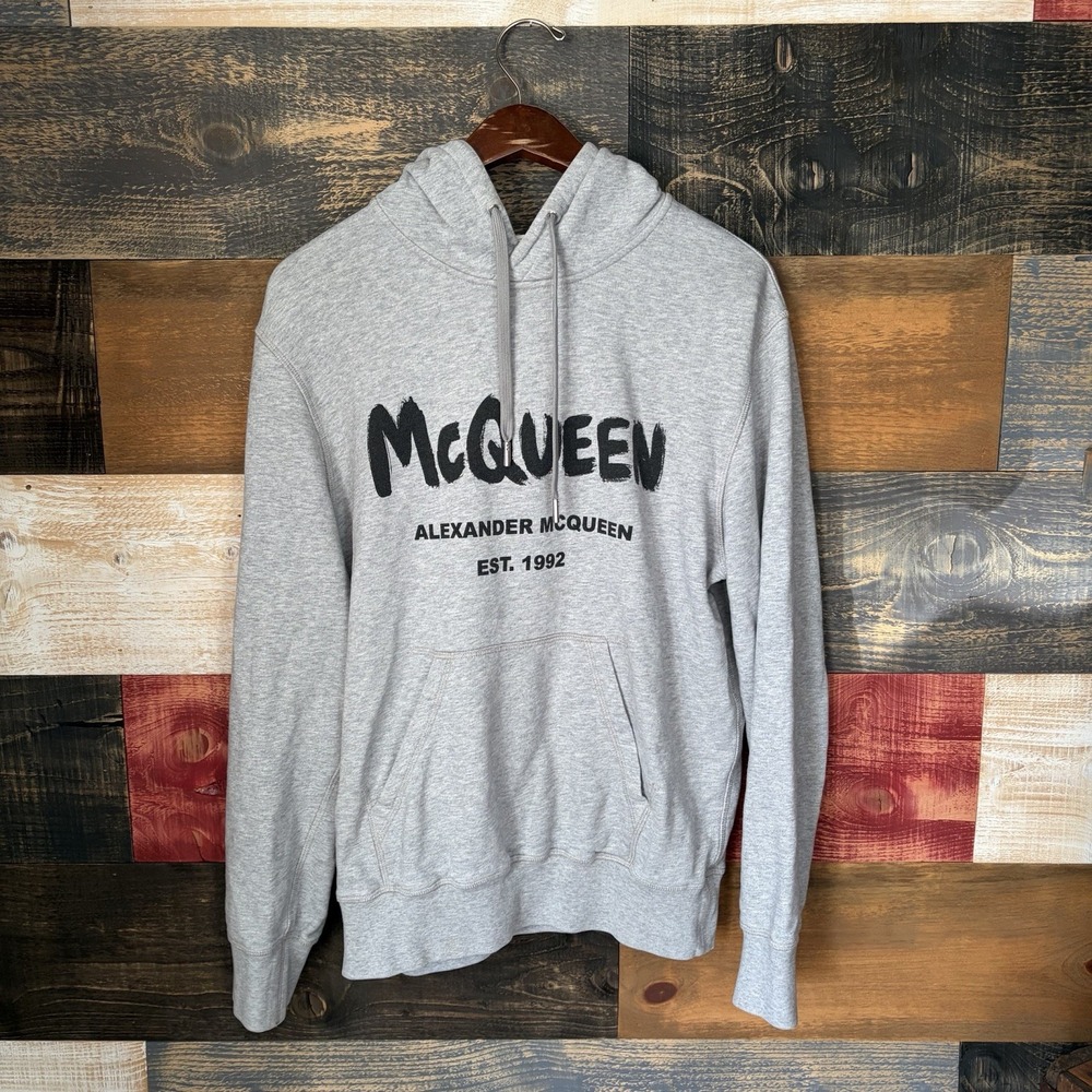 Alexander McQueen Mainline Graffiti Logo Hoodie Grey Mens Large